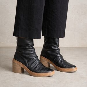 Marsell Italian Black Leather Slouch Ankle Boots Stacked Wood Block Heels